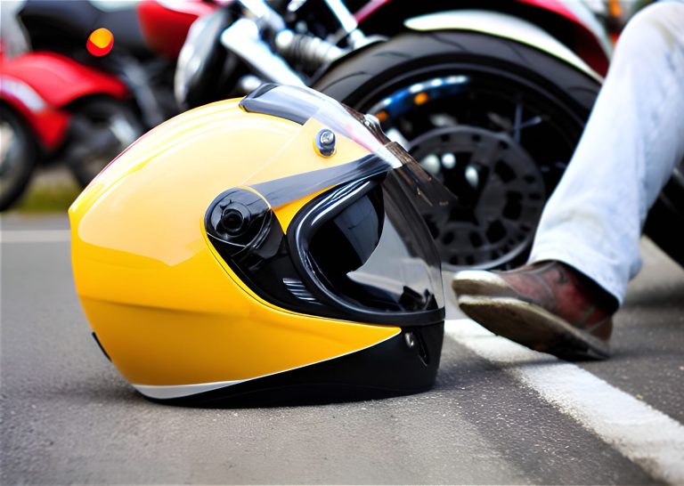 A motorcycle helmet on the ground with a rider's leg in shot just after a motorcycle accident.