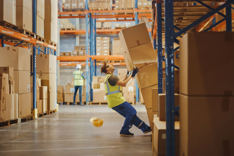 A warehouse worker holds a tower of boxes that are falling towards him.