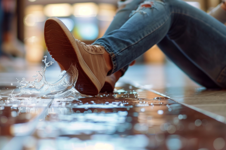 A person's lower half of their body falling towards the ground after slipping on a wet floor